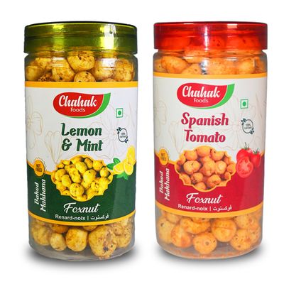 CHAHAK Roasted & Flavored Makhana/Phool Makhana/Foxnut PudinaLemon, Spanish Tomato Fox Nut (2 x 80 g)