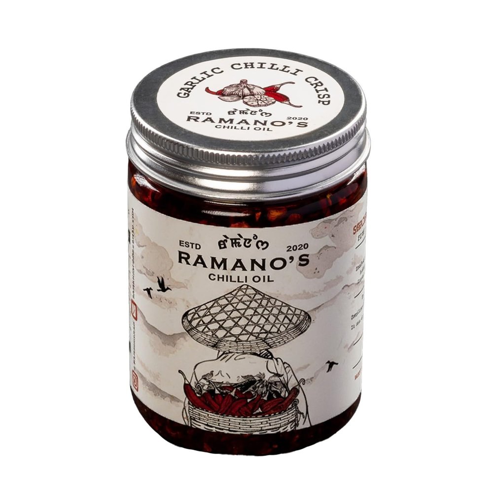 RAMANO'S Garlic Chilli Crisp Oil 240 Gms, Infused with 5 Unique Chilly Blend, Made with Garlic & Sichuan Peppercorns, Glutan Free Garlic Chilli Dip for Pizza, Noodles, Ramen, Indian Curries & Dal