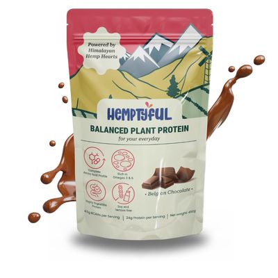 Hemptyful Balanced Plant Protein | 24g Protein per Serving | 4.5g BCAAs | Hmp-Pea Protein Blend | Complete Amino Acid Profile | Gut Healthy Digestible (450g, Belgian Chocolate))