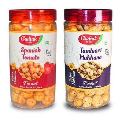 CHAHAK Rosted Makhana-Foxnut Spanish Tomato |Tandoori Masala 80gm Roasted & Flavored Makhana Fox Nut Pack of 2