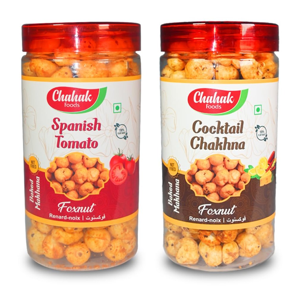 CHAHAK Roasted & Flavored Makhana/Phool Makhana/Foxnut Spanish Tomato,Cockatail Chakhna Fox Nut 80gm pack of 2