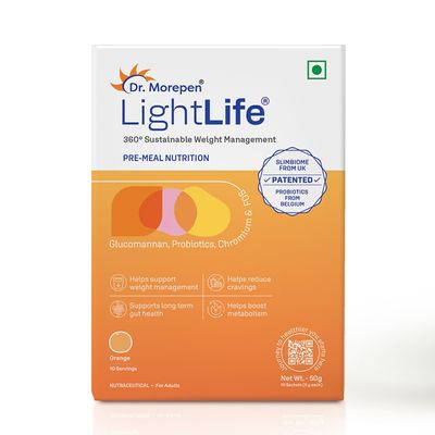 Dr. Morepen LightLife Pre-Meal Nutrition Mix by Dr.Morepen | Tangy Orange Flavor | Reduces Cravings & Calorie Intake | Ideal for Men & Women | 10 Sachets | 50g