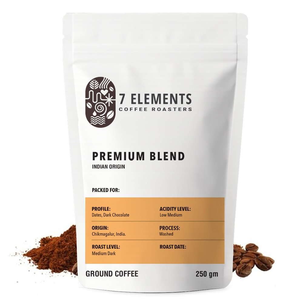 7 Elements Coffee Roasters Premium Blend Ground Coffee - 250 g (Pack of 1) | Medium-Dark Roast (Aeropress Grind) | Specialty Robusta & Arabica Coffee Grounds | AA Grade | Rich Flavorful Coffee