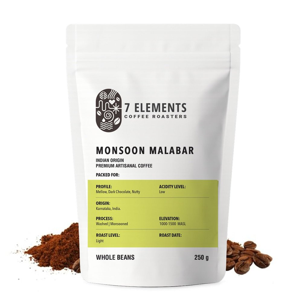 7 Elements Coffee Roasters Monsoon Malabar Ground Coffee - 250 g (Pack of 1) | Light Roast (French Press Grind) | 100% Arabica Freshly Roasted Coffee Grounds | AA Grade | Rich Flavorful Coffee