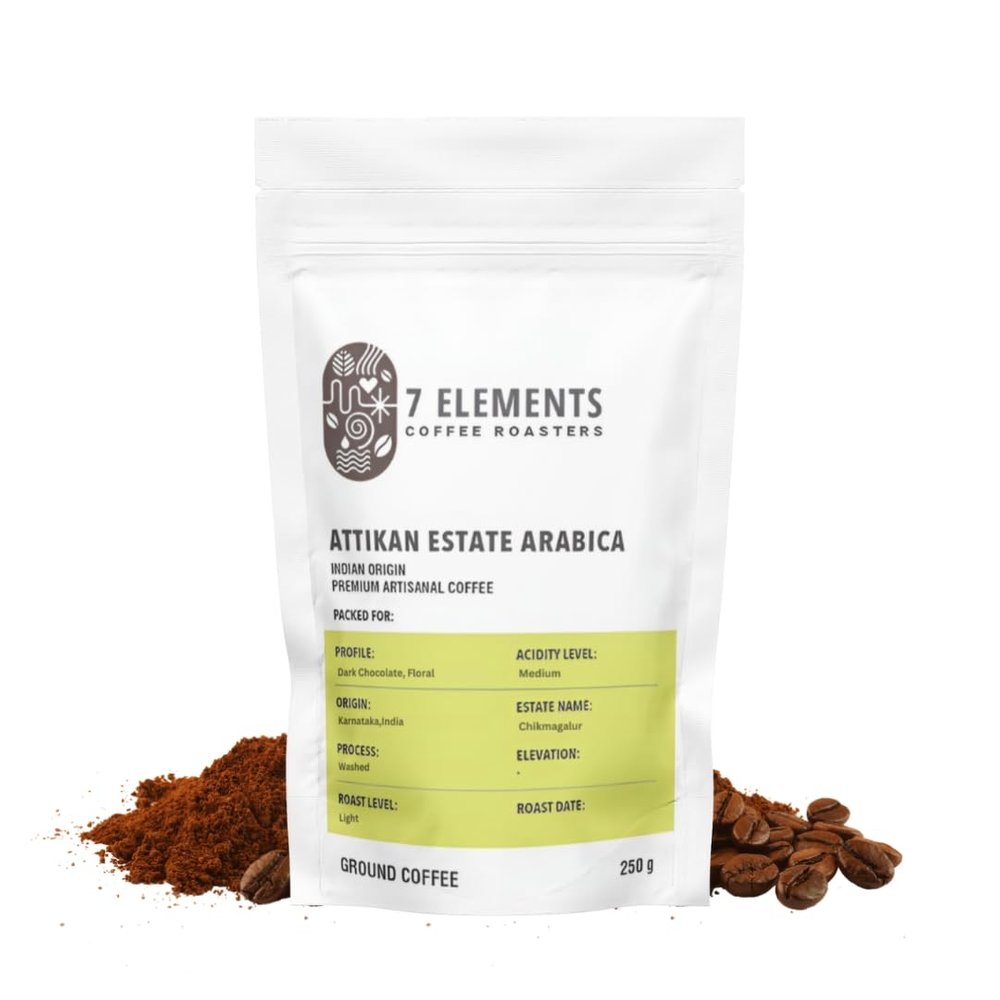 7 Elements Coffee Roasters Attikan Estate Ground Coffee - 250 g (Pack of 1) | Medium Roast (Cold Brew Grind) | 100% Arabica Freshly Roasted Coffee Grounds | AA Grade | Rich Flavorful Coffee