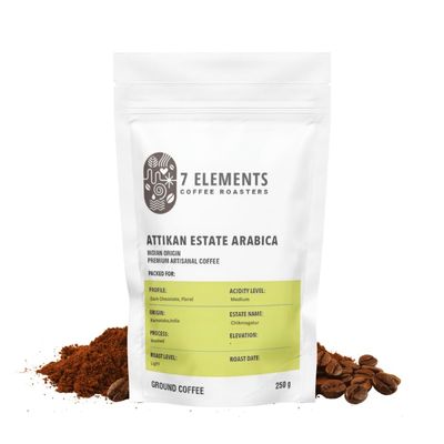7 Elements Coffee Roasters Attikan Estate Ground Coffee - 250 g (Pack of 1) | Medium Roast (Turkish Grind) | 100% Arabica Freshly Roasted Coffee Grounds | AA Grade | Rich Flavorful Coffee