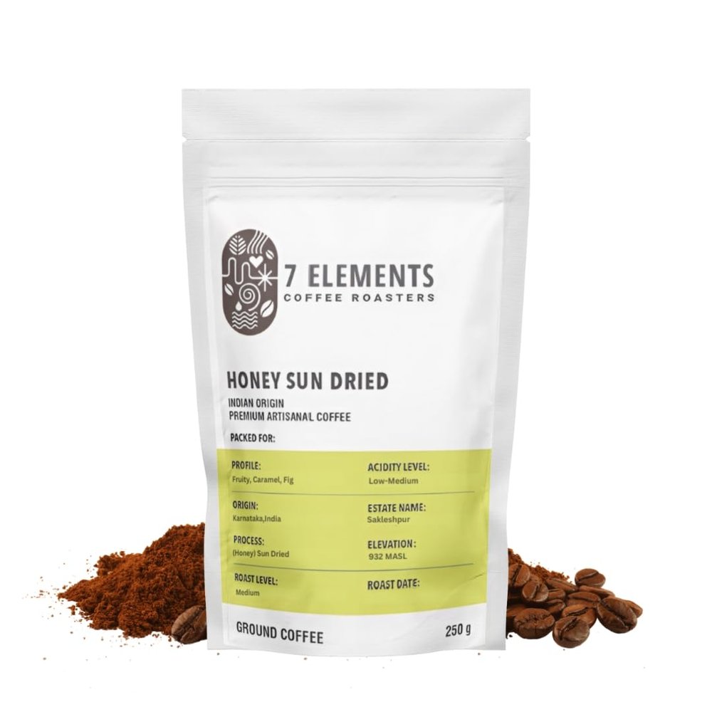 7 Elements Coffee Roasters Honey Sun Dried Ground Coffee - 250 g (Pack of 1) | Medium Roast (Chemex Grind) | 100% Arabica Freshly Roasted Coffee Grounds | AA Grade | Rich Flavorful Coffee