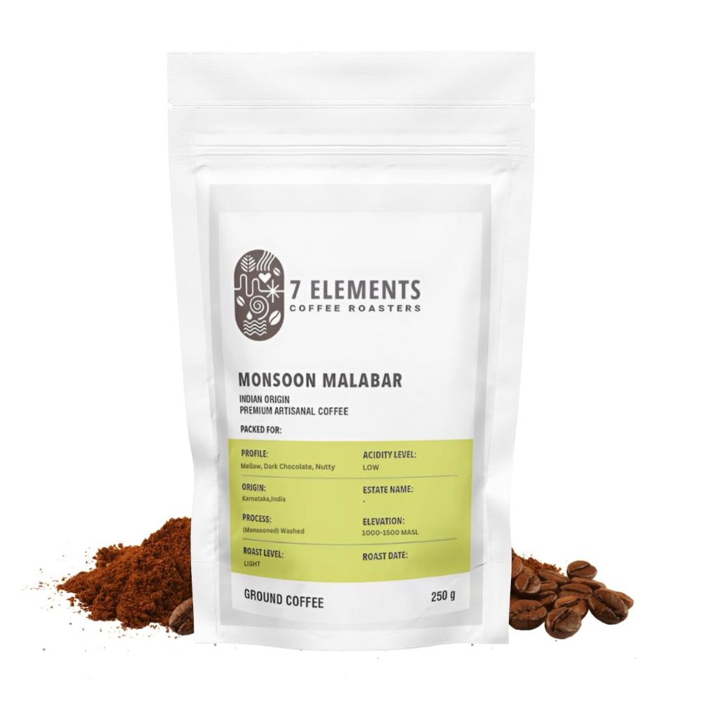 7 Elements Coffee Roasters Monsoon Malabar Ground Coffee - 250 g (Pack of 1) | Light Roast (Chemex Grind) | 100% Arabica Freshly Roasted Coffee Grounds | AA Grade | Rich Flavorful Coffee