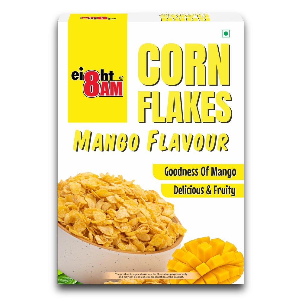 8AM Corn Flakes Mango 300 Gram, Golden Corns & Mango, No Cholesterol, Trans Fat, Artificial Additives, Iron & Calcium, Crunchy & Nutritious Whole Grain Breakfast Cereal