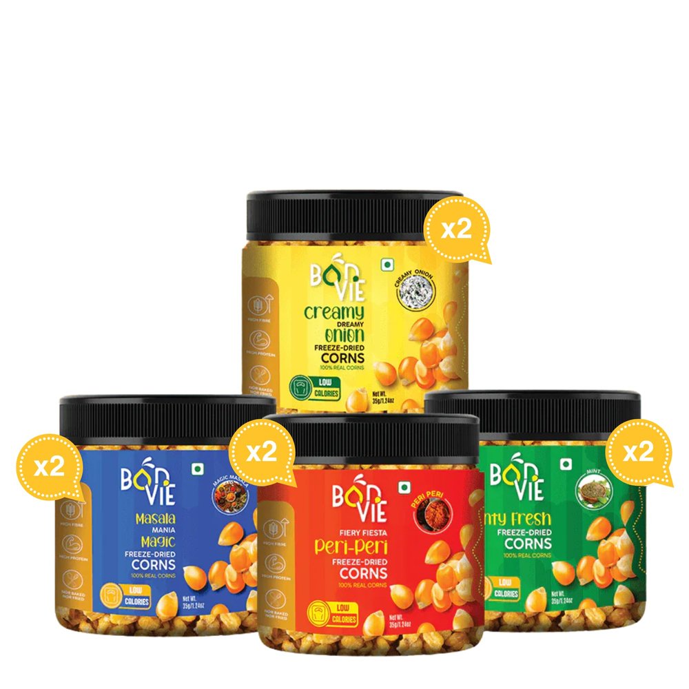 Bonvie Mix Corn Packs - Flavorful Crunchy Freeze-Dried Corn Snacks (2 Magic Masala, 2 Mint, 2 Peri Peri, 2 Cream & Onion) - Gluten-Free, Low-Calorie, 35g Each Pack (Pack of 8)