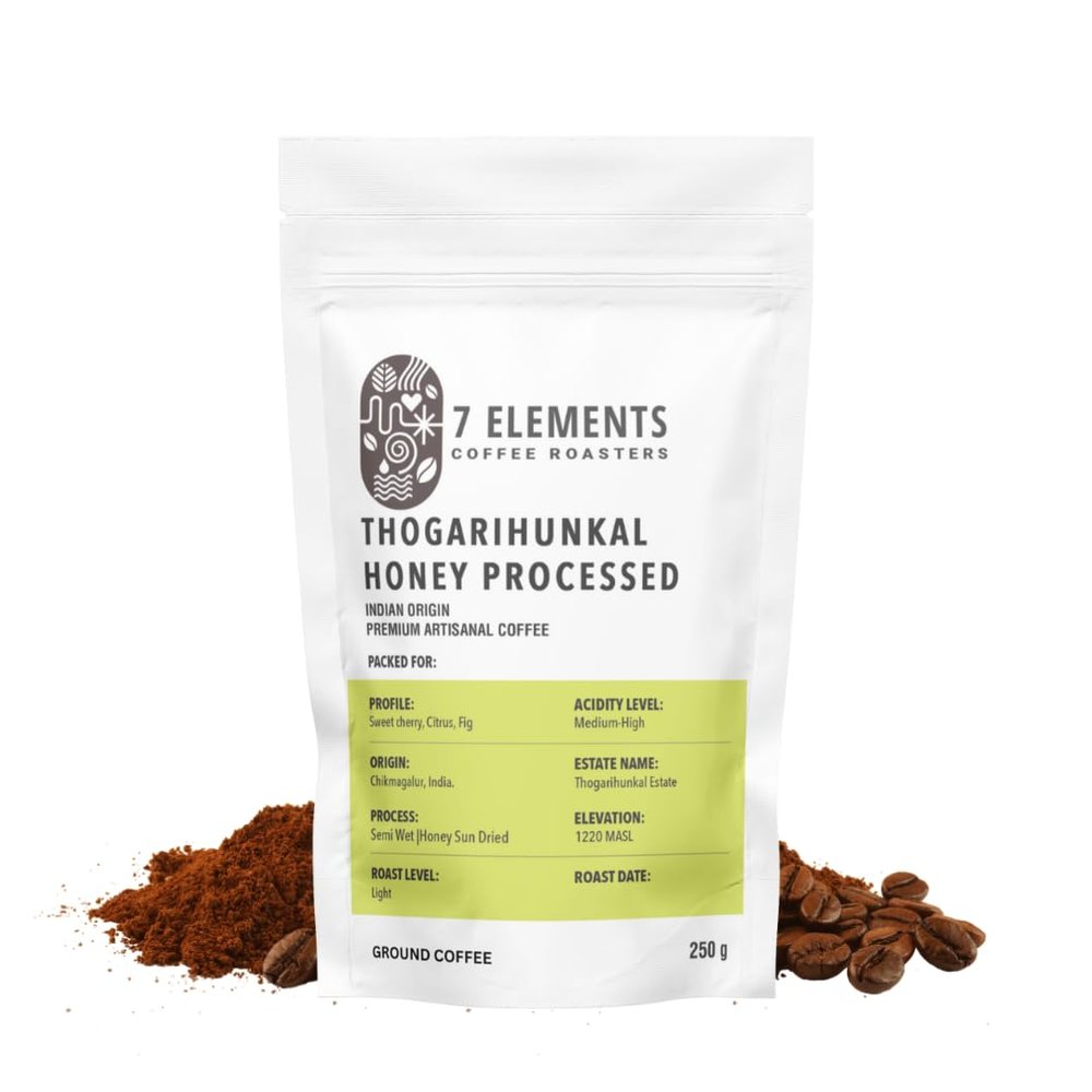 7 Elements Coffee Roasters Thogarihunkal Honey Processed Ground Coffee - 250 g (Pack of 1) | Light Roast (Pour-over Grind) | 100% Arabica Freshly Roasted Coffee Grounds | Rich Flavorful Coffee