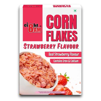 8AM Corn Flakes Strawberry 300 Gram, Golden Corns & Strawberry, No Cholesterol, Trans Fat, Artificial Additives, Iron & Calcium, Crunchy & Nutritious Breakfast Cereal