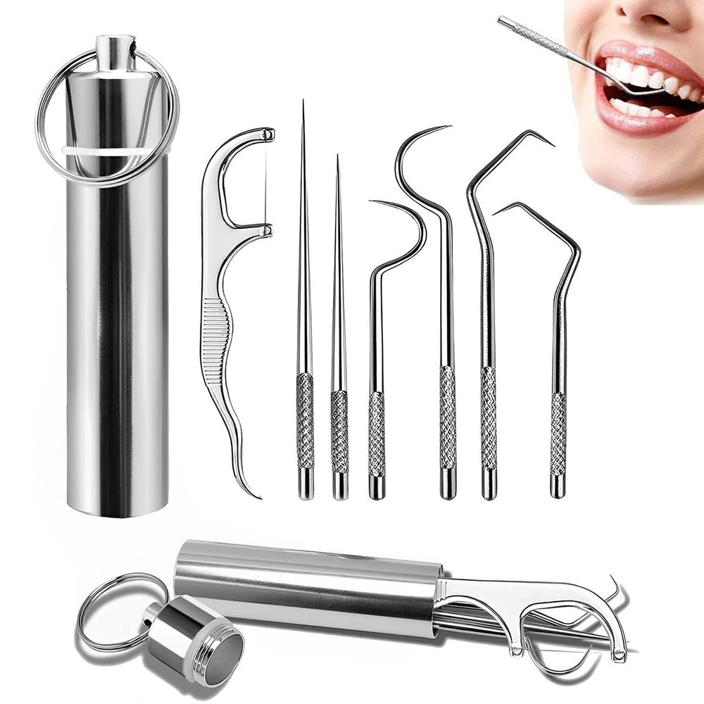 Estervig Dental Tools 7-in-1 Stainless Steel Teeth Cleaning Kit, Reusable Toothpicks, Flosser, Cleaning Picks, Oral Care Tools for Teeth, Braces, Travel, and Home Use