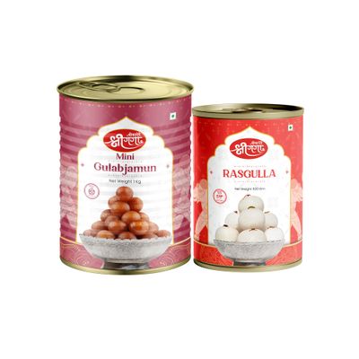 Bikaneri Shree Ganga Mini Gulab Jamun 1Kg & Rasgulla 500Gm Sweets Combo - Delectable Indian Treats for Celebrations, Festivals & Gifting | Perfect for Sweet Lovers