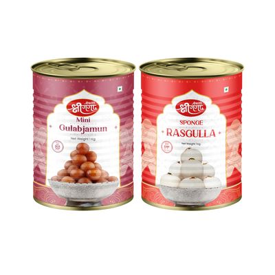 Bikaneri Shree Ganga Mini Gulab Jamun 1Kg & Rasgulla 1Kg Sweet Combo - Indulge in Rich Flavors of Indian Sweets, Perfect for Gifting & Festivities | A Sweet Celebration Awaits