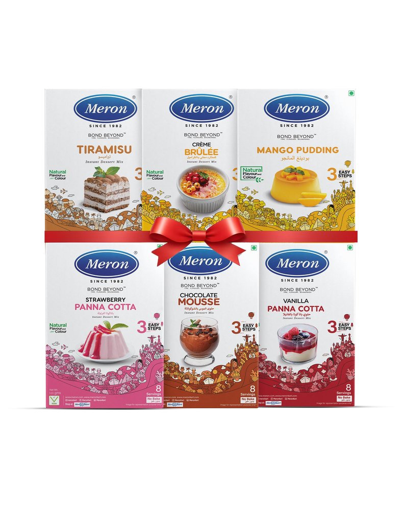 Meron Pack of 6 | Vanilla Panna Cotta | Strawberry Panna Cotta | Chocolate Mousse | Crme Brulee | Tiramisu | Mango Pudding | Vegan