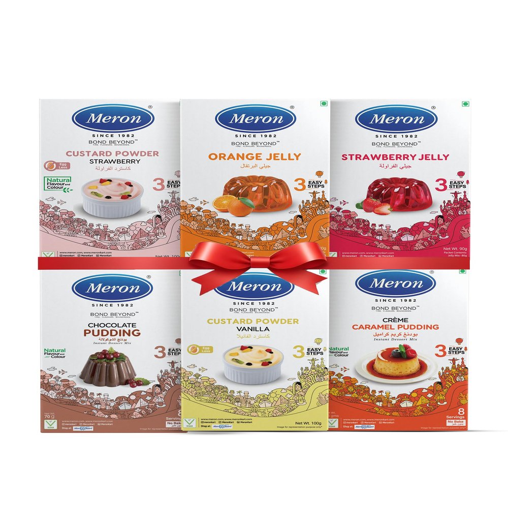 Meron Pack of 6| Vanilla Custard | Strawberry Jelly |Orange Jelly| Strawberry Custard | Chocolate Pudding | Caramel Pudding | Vegan