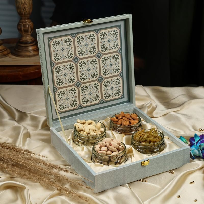 Riwaz Luxury Square Dry Fruits Gift Box | 4 Salsa Jars with Almonds, Cashews, Pistachios & Raisins | Premium Corporate, Wedding & Festive Gifting Hamper (450g)