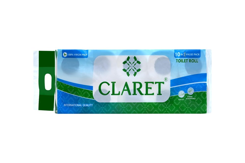 Claret Virgin Pulp 2-Ply Toilet Rolls, 180 Pulls per Roll, Pack of 10 - OBA-Free, Skin-Friendly, Quilted Bathroom Tissue for Family Care, Soft & Absorbent