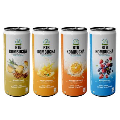 RTB KOMBUCHA Health Drink Combo of 4-250ml Each (Pineapple, Mango, Orange & Mixed Berries) Helps in Immune System & Digestive System(Kombucha Culture, Fruit Pulp & Organic Sugar) Gluten Free, Non-GMO