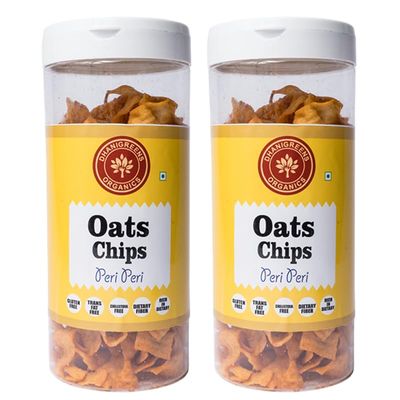 Dhanigreens Organics Crunchy Oats Chips Peri Peri Flavour-150gm (Pack of 2)| Natural Ingredients Snacks | Gluten-Free, Baked, Munchies, Transfat Free, Dietary Fiber | High in Protein | Lightly Seasoned