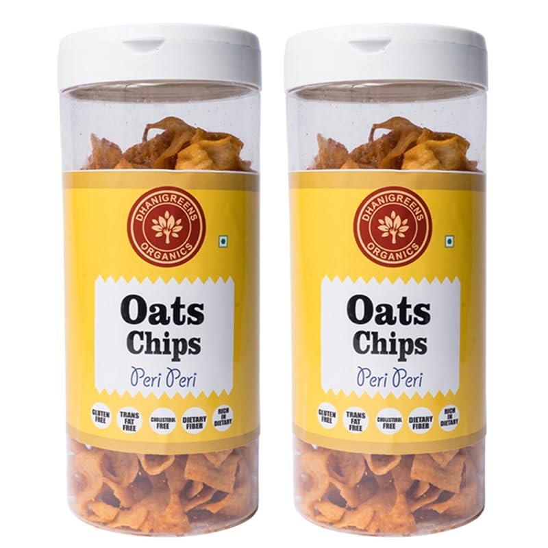 Dhanigreens Organics Crunchy Oats Chips Peri Peri Flavour-150gm (Pack of 2)| Natural Ingredients Snacks | Gluten-Free, Baked, Munchies, Transfat Free, Dietary Fiber | High in Protein | Lightly Seasoned