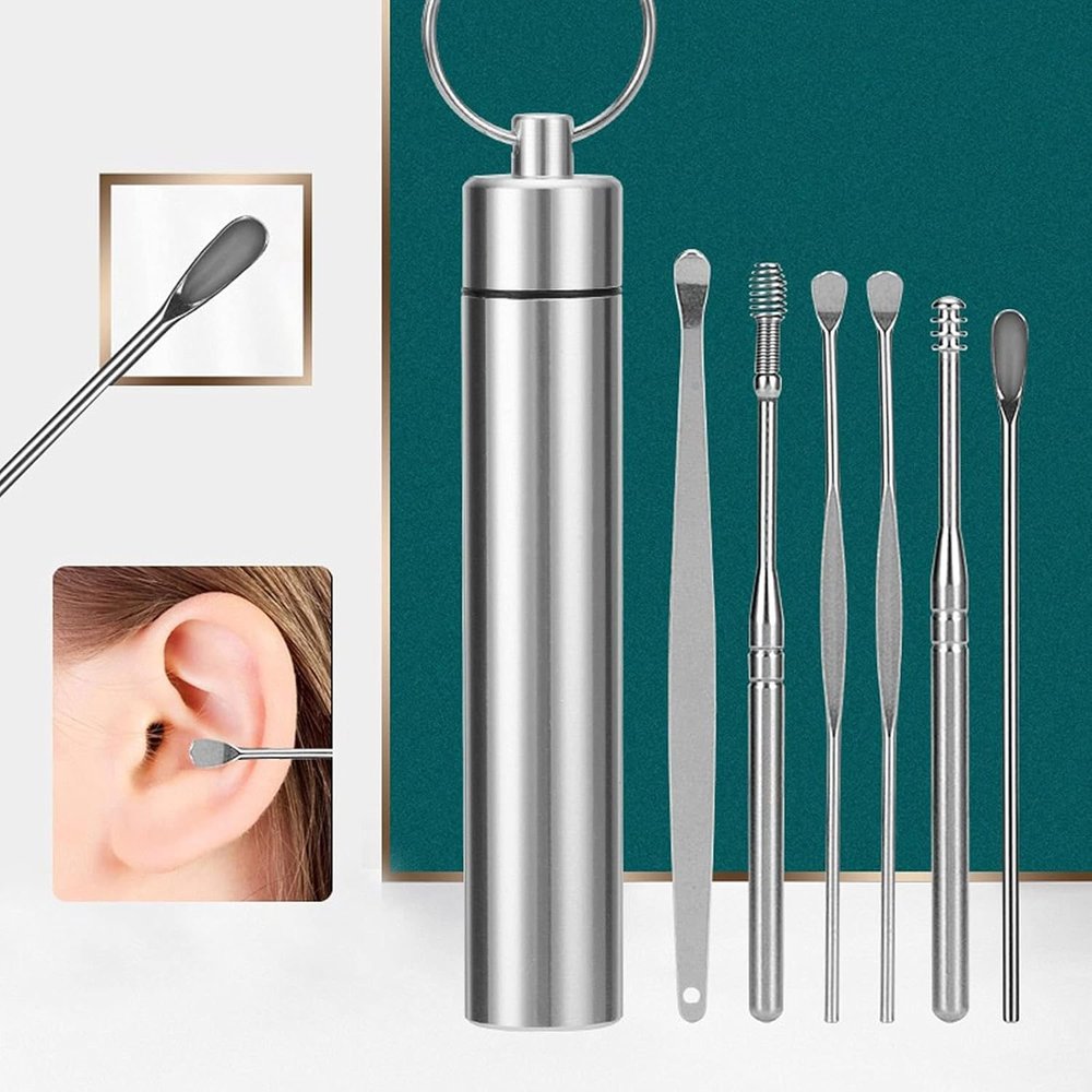 FAMOUS SHOP 6 in 1 Ear Wax Cleaner - Resuable Ear Cleaning Tools with Aluminum Tube - Ear Pick Wax Remover Tool Kit with Ear Curette Cleaner and Spring Ear Buds Cleaner Fit in Pocket/purse Great for Traveling-1Set