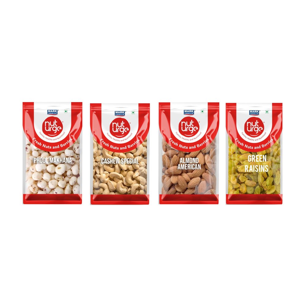 Nuturge Pack Of 4 Dry Fruits Combo - Cashew Special 320 Grade 200gIGreen Raisins 200 gI Almond American 200 g I Phool Makhana 200 g Total 800 g