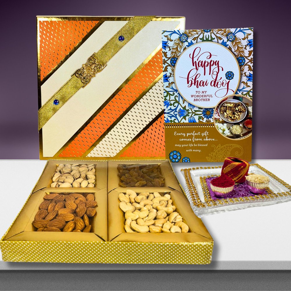 Almoda Creations Bhaidooj Festive Dryfruit Gift Box with Printed Message on Greeting Card (Design 1)