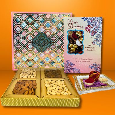Almoda Creations Bhaidooj Festive Dryfruit Gift Box with Printed Message on Greeting Card (Design 3)