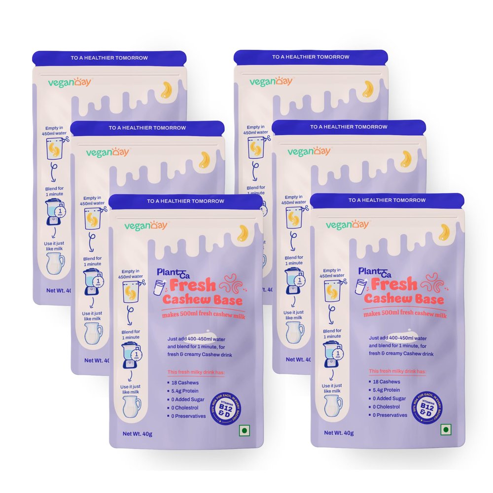 VeganDay Cashew Base (makes 3L Cashew Milk) | Fresh, Unsweetened & Plant-Based (PlantCa) | Just add water & blend | Dairy-free, Lactose-free | Zero added sugar, Zero Cholesterol, Zero Preservatives (Pack of 500ml x 6)