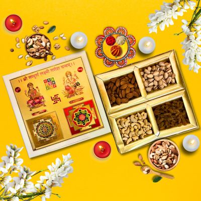 Almoda Creations Dry Fruit Gift Hamper Laxmi Ganesh Yantra Tika Set for All Occassions Bhai dooj Diwali (Design 4)
