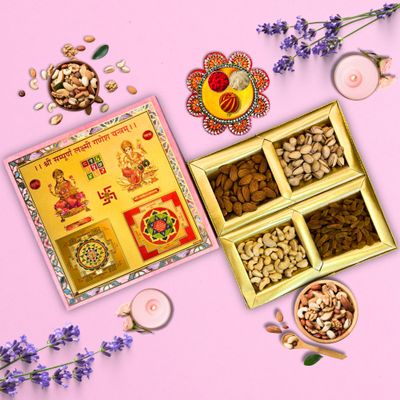 Almoda Creations Dry Fruit Gift Hamper Laxmi Ganesh Yantra Tika Set for All Occassions Bhai dooj Diwali (Design 3)