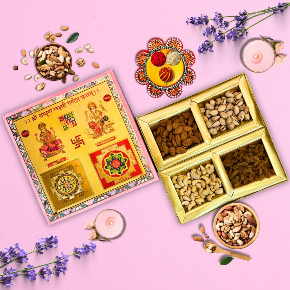 Almoda Creations Dry Fruit Gift Hamper Laxmi Ganesh Yantra Tika Set for All Occassions Bhai dooj Diwali (Design 3)