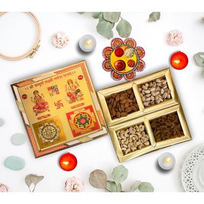 Almoda Creations Dry Fruit Gift Hamper Laxmi Ganesh Yantra Tika Set for All Occassions Bhai dooj Diwali (Design 1)