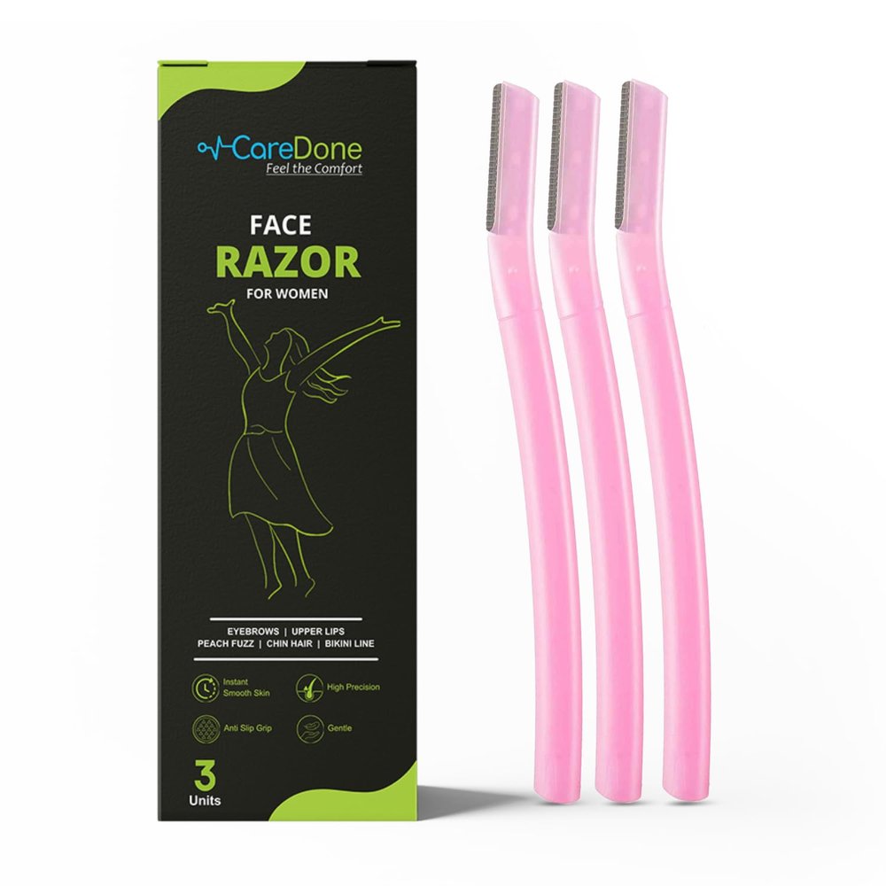 Caredone Face Razor for painfree facial hair removal (3 units in 1 Box) - upper lips, chin, peach fuzz - Stainless steel blade, comfortable, firm grip. (03-FaceRazor)