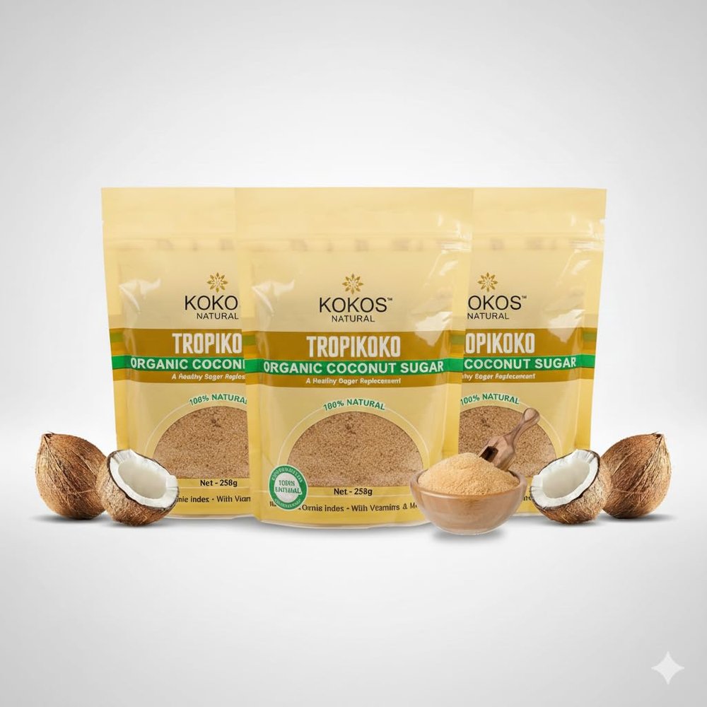 Kokos Natural- Tropikoko Organic Coconut Sugar - 250 Gm | 100% Natural Sugar Replacement | Contains 15 Essential Vitamins and Minerals | Sugar Substitute | Pack of 3
