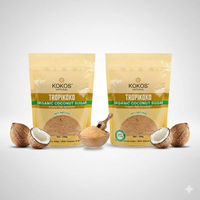 Kokos Natural- Tropikoko Organic Coconut Sugar - 250 Gm | 100% Natural Sugar Replacement | Contains 15 Essential Vitamins & Minerals | Sugar Substitute | Pack of 2