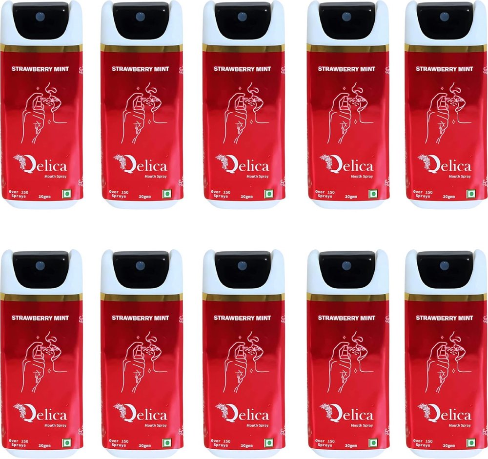 QELICA Mens and Womens Strawberry Instant Mouth Freshner Spray | Longlasting Freshness, Gumand Tooth Protection |Multi | 10 G (Pack of 10)