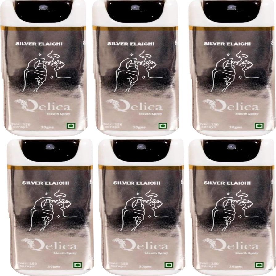 QELICA Mens and Womens Silver Elaichi Instant Mouth Freshner Spray | Longlasting Freshness, Gumand Tooth Protection |Multi | 10 G (Pack of 6)