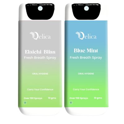 QELICA Mens and Womens Blue Mint, Elaichi Bliss Instant Mouth Freshner Spray | Longlasting Freshness, Gumand Tooth Protection |Multi | 10 G (Pack of 2)