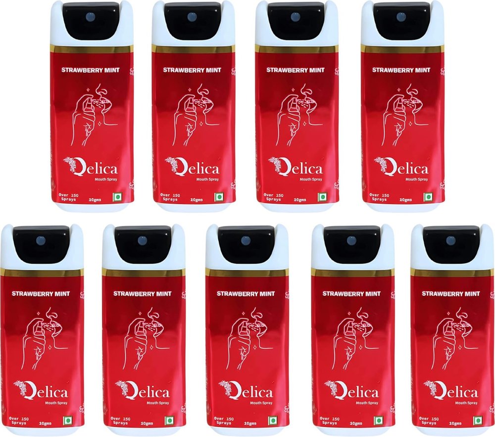 QELICA Mens and Womens Strawberry Instant Mouth Freshner Spray | Longlasting Freshness, Gumand Tooth Protection |Multi | 10 G (Pack of 9)