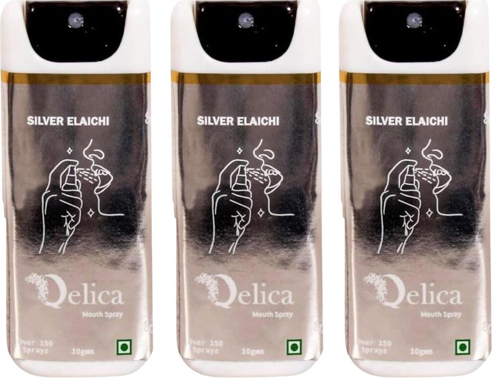 QELICA Mens and Womens Silver Elaichi Instant Mouth Freshner Spray | Longlasting Freshness, Gumand Tooth Protection |Multi | 10 G (Pack of 3)