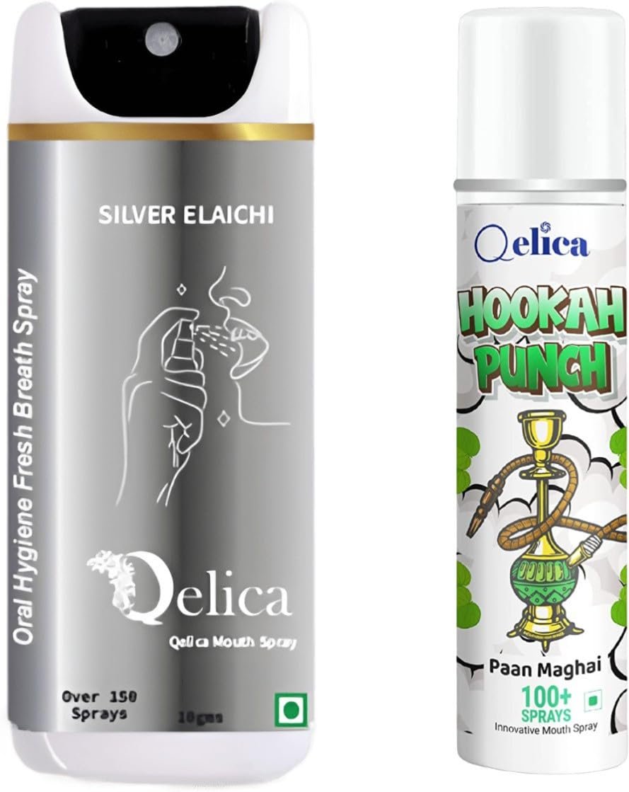 QELICA Mens and Womens Silver Elachi & Paan Magahi Instant Mouth Freshner Spray | Longlasting Freshness, Gumand Tooth Protection |Multi | 10 G (Pack of 2)