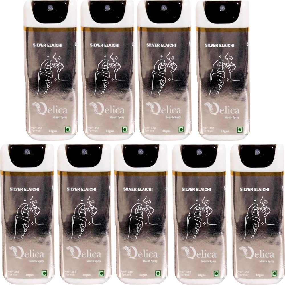 QELICA Mens and Womens Silver Elaichi Instant Mouth Freshner Spray | Longlasting Freshness, Gumand Tooth Protection |Multi | 10 G (Pack of 9)