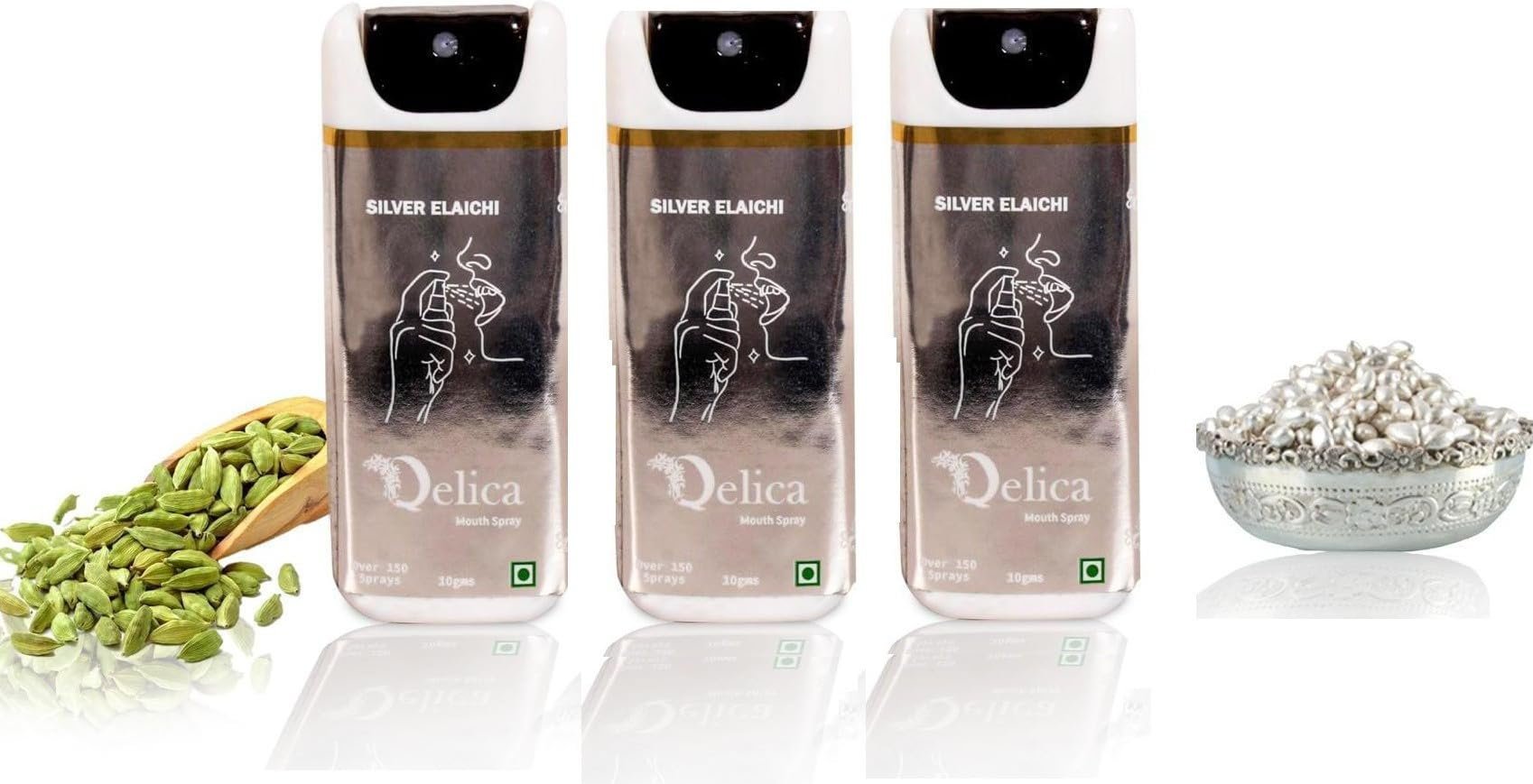 QELICA Mens & Womens Silver Elaichi Instant Mouth Freshner Spray | Longlasting Freshness, Gumand Tooth Protection |Multi | 10 G (Pack of 3)