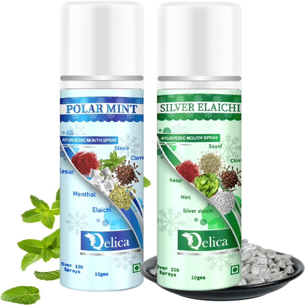 QELICA Mens and Womens Polar Mint, Silver Elachi Instant Mouth Freshner Spray | Longlasting Freshness, Gumand Tooth Protection |Multi | 10 G (Pack of 2)