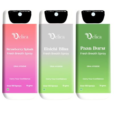 QELICA Mens and Womens Elaichi Bliss, Strawberry Splash, Paan Brust Instant Mouth Freshner Spray | Longlasting Freshness, Gumand Tooth Protection |Multi | 10 G (Pack of 3)