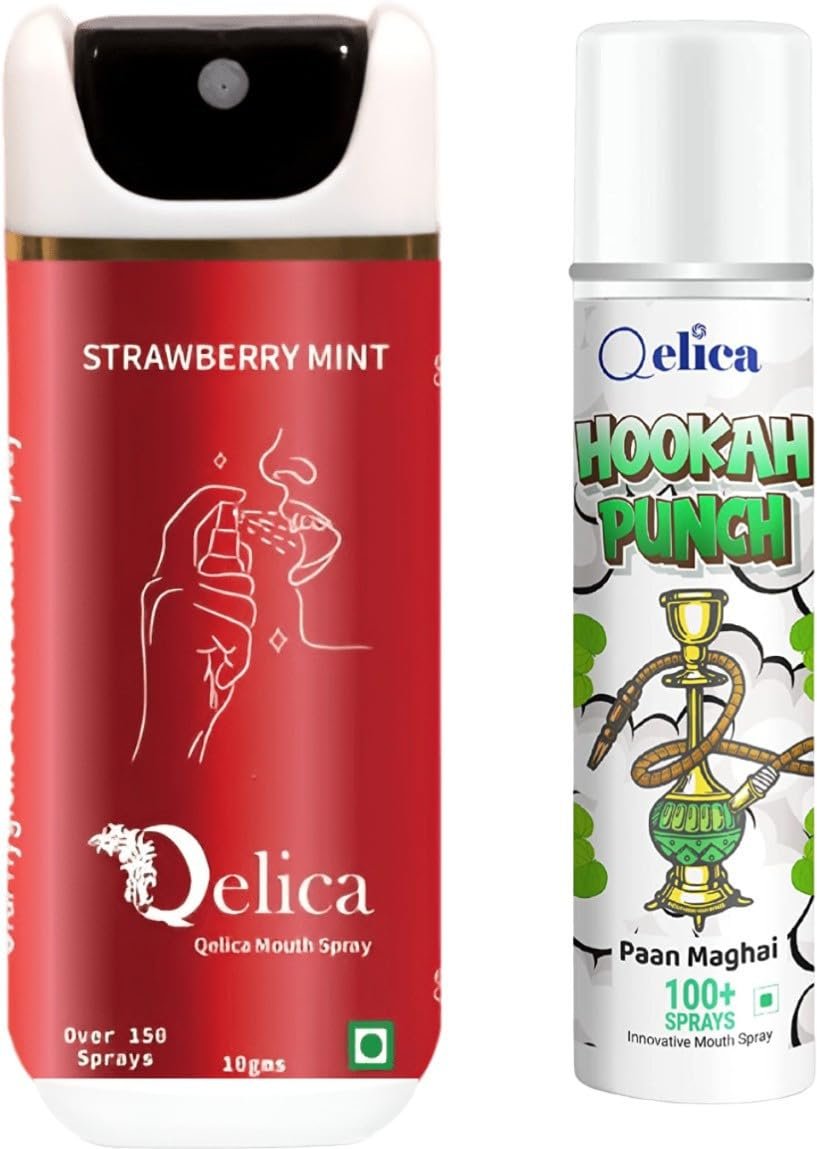 QELICA Mens and Womens Strawberry Mint & Paan Magahi Instant Mouth Freshner Spray | Longlasting Freshness, Gumand Tooth Protection |Multi | 10 G (Pack of 2)