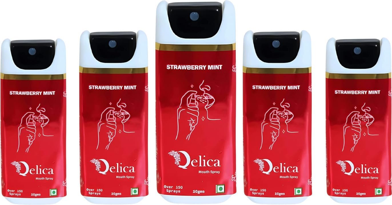 QELICA Mens and Womens Strawberry Instant Mouth Freshner Spray | Longlasting Freshness, Gumand Tooth Protection |Multi | 10 G (Pack of 5)